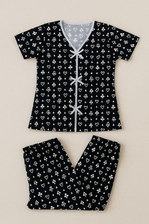 Kadın Siyah Beyaz Kalp Desenli Fiyonklu Kısa Kollu Pijama Takımı - görsel 10
