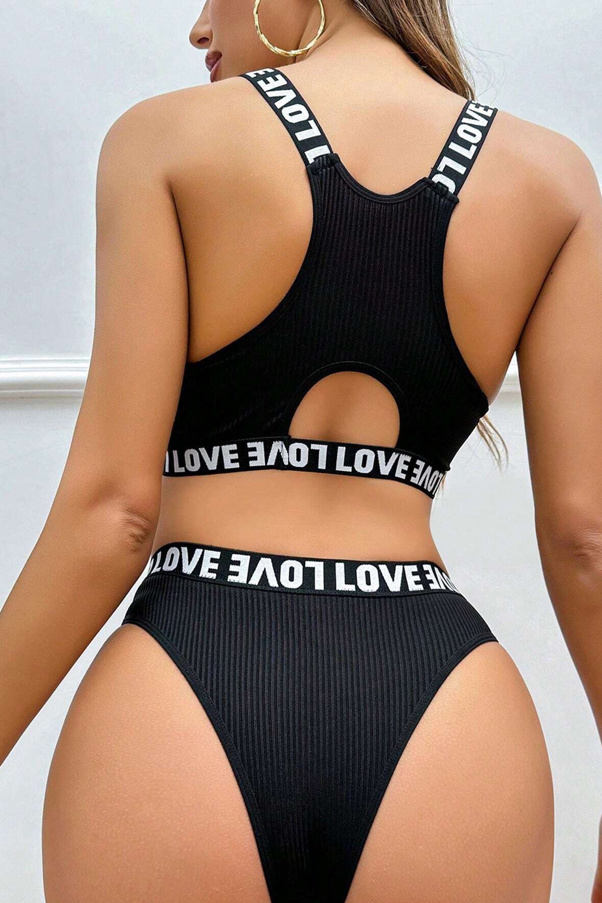 Kadın Siyah Çapraz Sırt ve Love Lastik Detaylı Sütyen Külot Takım - görsel 1
