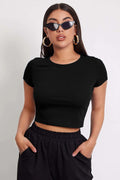 Kadın Siyah Yuvarlak Yaka Yarım Kol Crop Top Bluz - görsel 1