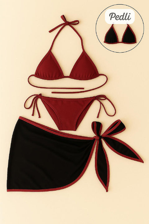 Kadın Bordo Siyah Pareolu Yandan ve Boyundan Bağlamalı 3'lü Bikini Takımı - görsel 1