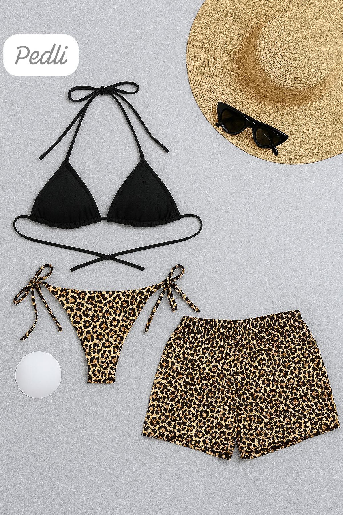 Kadın 3'lü Set Siyah ve Leopar Desenli Şortlu Yandan Bağlamalı Bikini Mayo Takımı - görsel 1