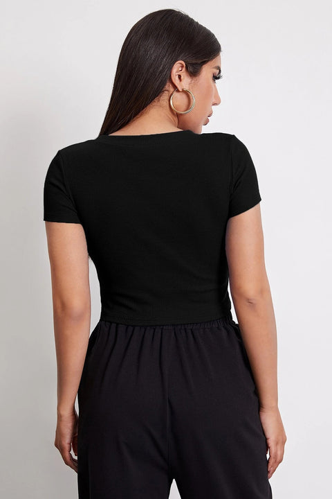 Kadın Siyah Yuvarlak Yaka Yarım Kol Crop Top Bluz - görsel 2