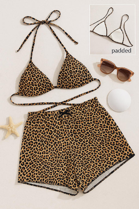 Kadın Leopar Desenli Şortlu Belden ve Boyundan Bağlamalı Bikini Takımı - görsel 2