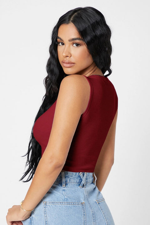 Kadın Bordo Kare Yaka Crop Top Bluz - görsel 2