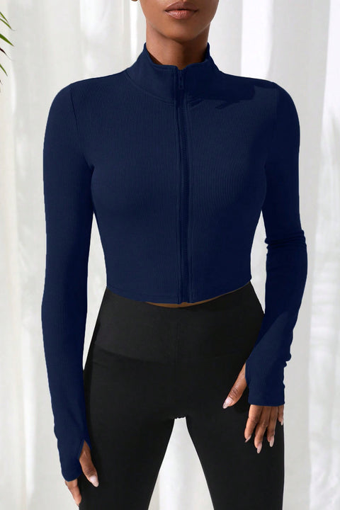 Kadın Lacivert Uzun Kol Fermuarlı Parmak Geçme Detaylı Dik Yaka Crop Top Bluz - görsel 4