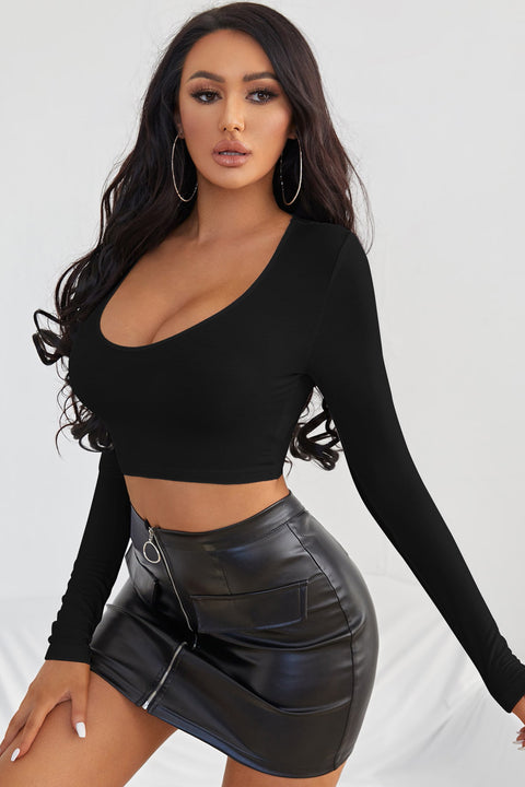 Kadın Siyah Uzun Kol Kare Yaka Crop Top Bluz - görsel 4