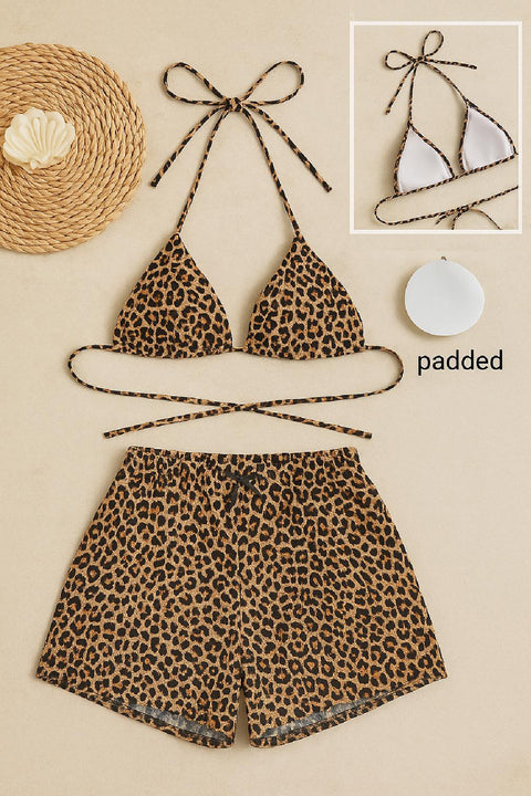 Kadın Leopar Desenli Şortlu Belden ve Boyundan Bağlamalı Bikini Takımı - görsel 4