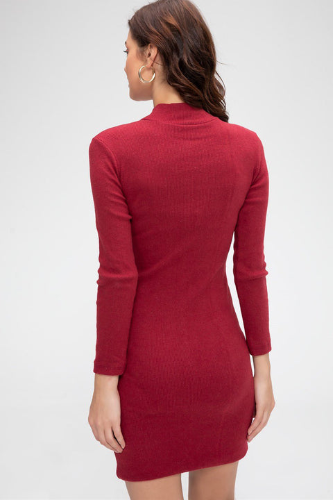 Kadın Bordo Kaşkorse Balıkçı Yaka Uzun Kollu Bodycon Mini Elbise - görsel 4