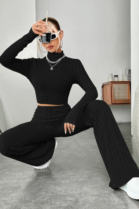 Kadın Siyah Boğazlı Crop Top ve Yüksek Bel Eşofman Takımı Spor Şık Kombin - görsel 5