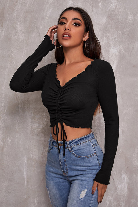 Kadın Siyah Uzun Kollu Büzdürme Bağcık Detaylı Crop Top Bluz - görsel 5
