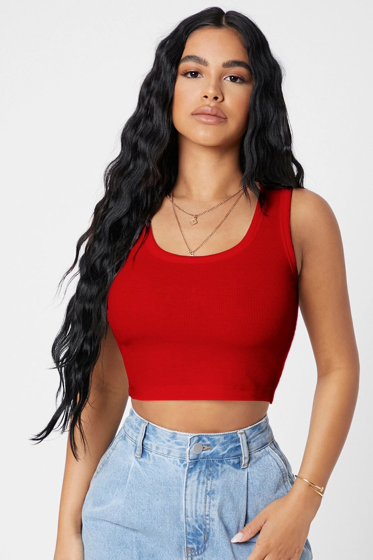 Kadın Kırmızı Kare Yaka Crop Top Bluz - görsel 1