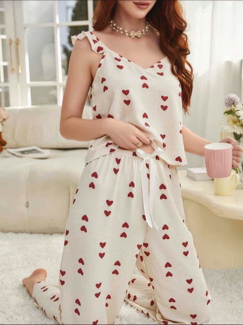 Kadın Ekru Kırmızı Kalp Desenli Yumuşak Pamuklu Uzun Pijama Takımı 5136 - görsel 2