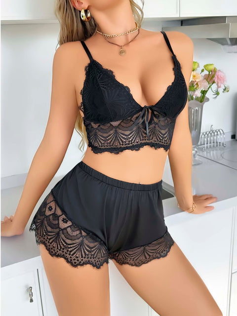 Kadın Siyah Dantel Detaylı Şortlu Pijama Takımı 5054 - görsel 3