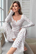Merry See Çiçek Desenli Uzun Kollu Pijama Takımı Beyaz - görsel 1