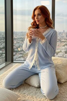 Merry See Ribanalı Dantel Detay İki Parça Pijama Takım Mavi - görsel 1