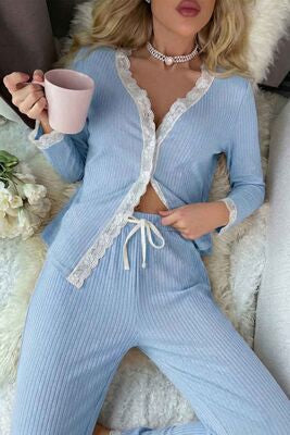 Merry See Ribanalı Dantel Detay İki Parça Pijama Takım Mavi - görsel 3